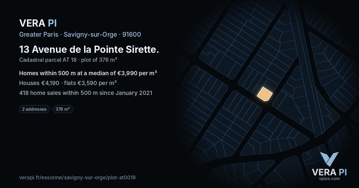 13 Avenue de la Pointe Sirette, Savigny-sur-Orge at night – the plot lit, the parcels around coloured by the prices near them