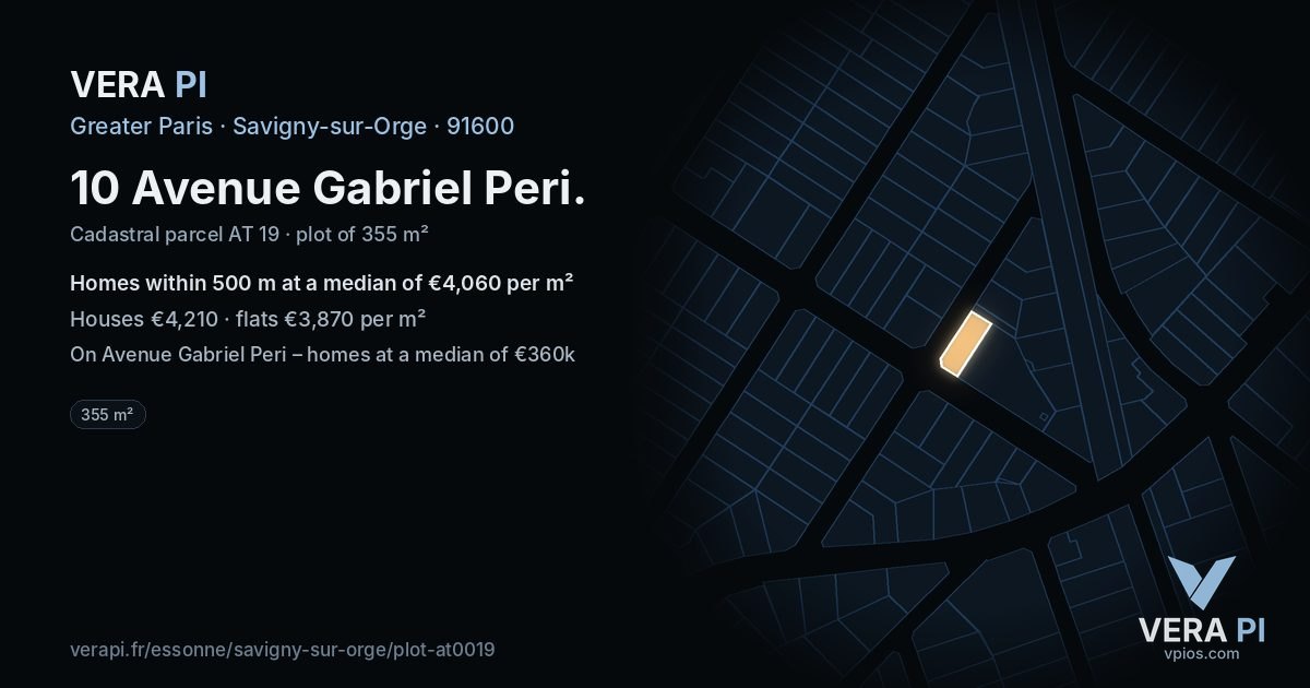10 Avenue Gabriel Peri, Savigny-sur-Orge at night – the plot lit, the parcels around coloured by the prices near them