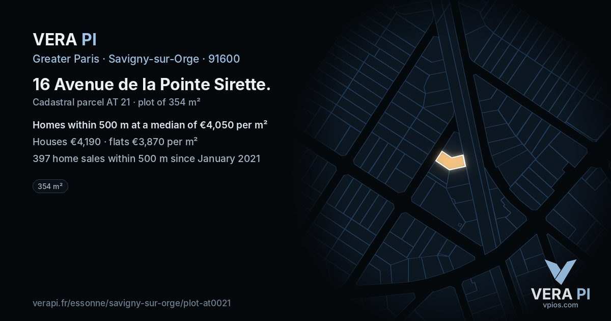 16 Avenue de la Pointe Sirette, Savigny-sur-Orge at night – the plot lit, the parcels around coloured by the prices near them