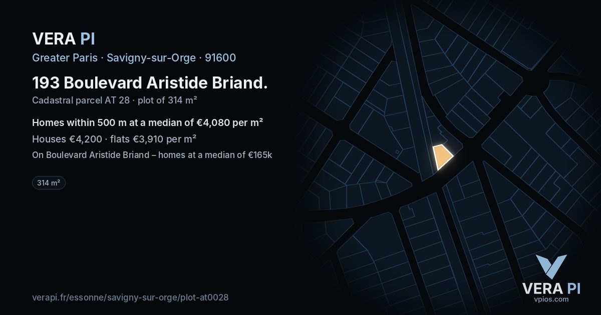 193 Boulevard Aristide Briand, Savigny-sur-Orge at night – the plot lit, the parcels around coloured by the prices near them