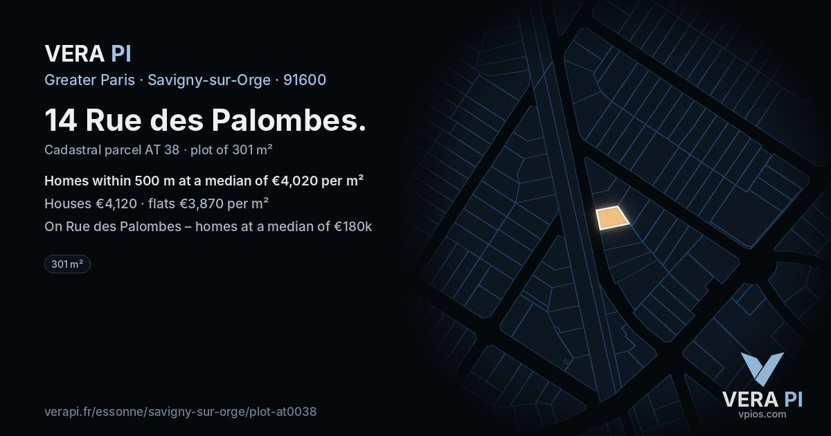 14 Rue des Palombes, Savigny-sur-Orge at night – the plot lit, the parcels around coloured by the prices near them