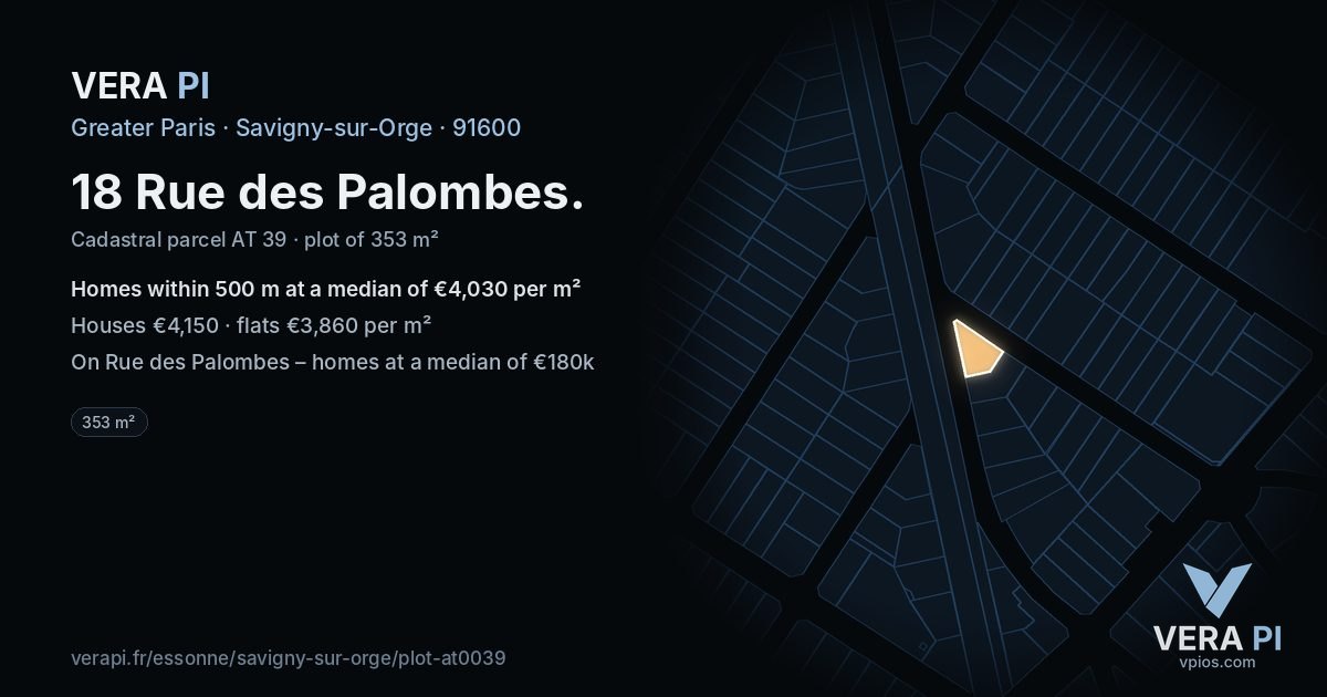 18 Rue des Palombes, Savigny-sur-Orge at night – the plot lit, the parcels around coloured by the prices near them