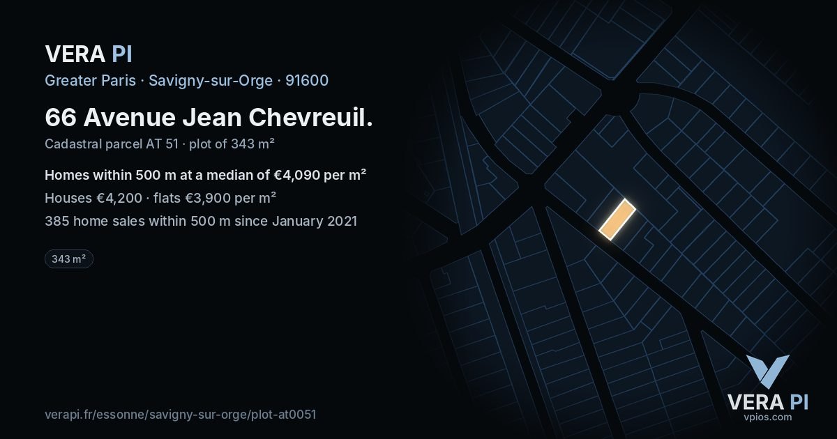 66 Avenue Jean Chevreuil, Savigny-sur-Orge at night – the plot lit, the parcels around coloured by the prices near them