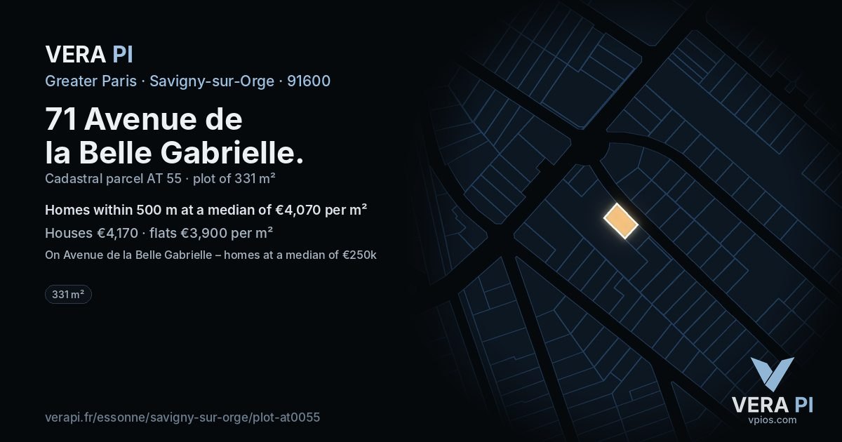 71 Avenue de la Belle Gabrielle, Savigny-sur-Orge at night – the plot lit, the parcels around coloured by the prices near them