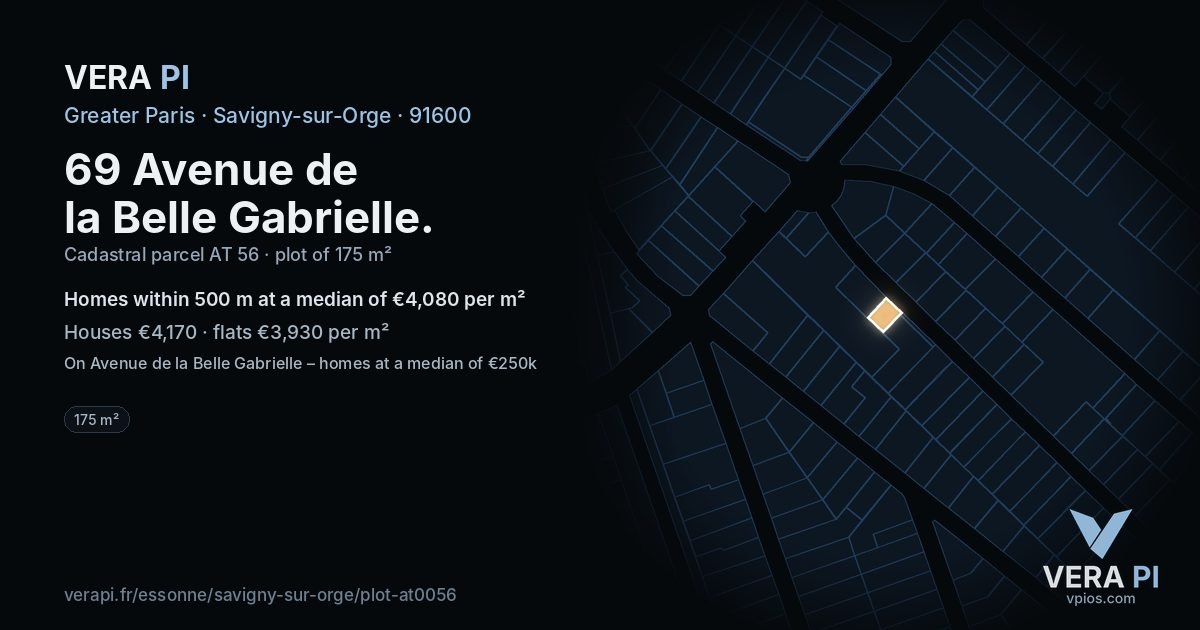 69 Avenue de la Belle Gabrielle, Savigny-sur-Orge at night – the plot lit, the parcels around coloured by the prices near them