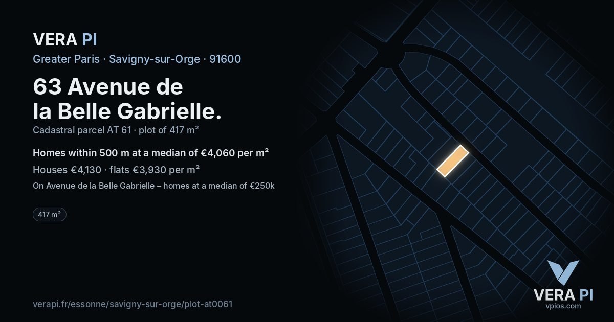 63 Avenue de la Belle Gabrielle, Savigny-sur-Orge at night – the plot lit, the parcels around coloured by the prices near them