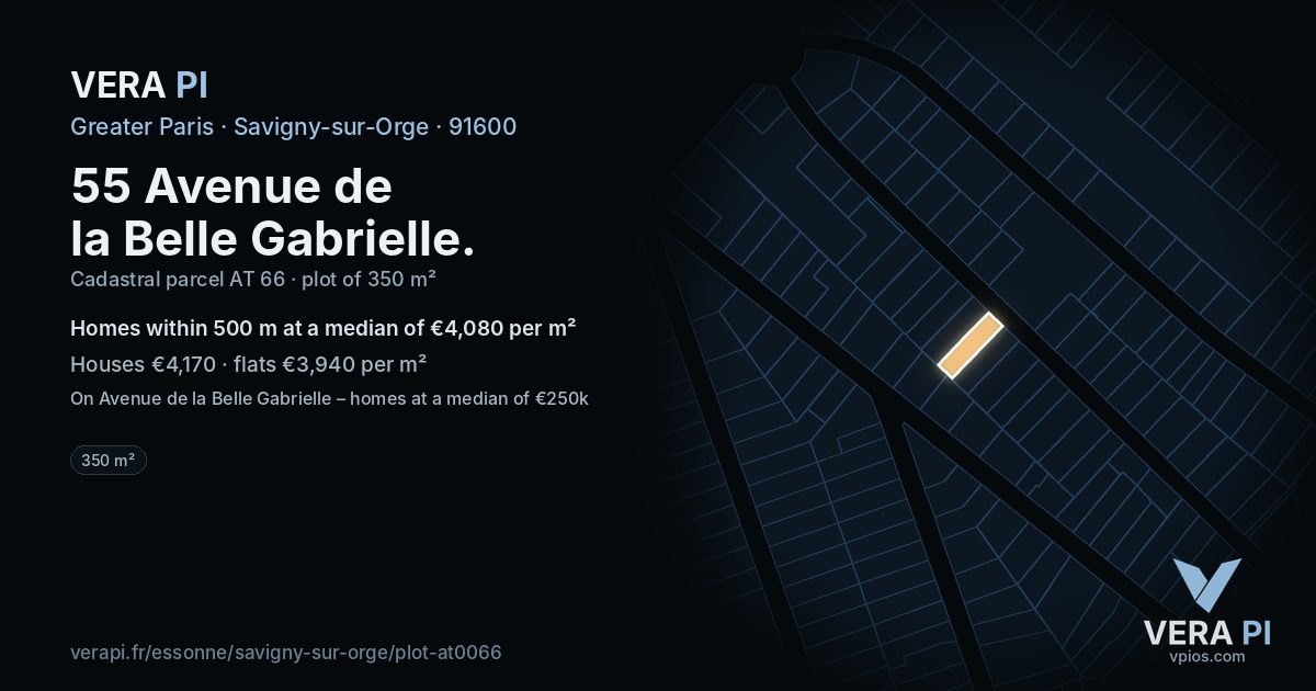 55 Avenue de la Belle Gabrielle, Savigny-sur-Orge at night – the plot lit, the parcels around coloured by the prices near them