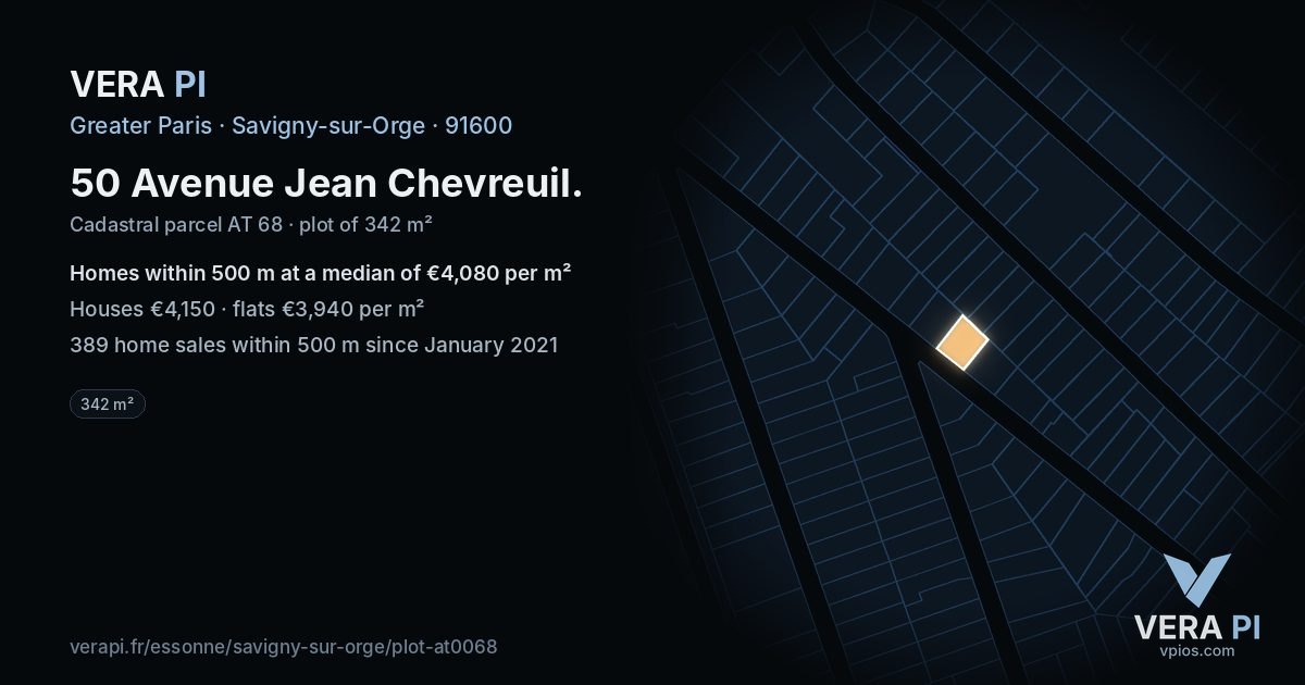 50 Avenue Jean Chevreuil, Savigny-sur-Orge at night – the plot lit, the parcels around coloured by the prices near them