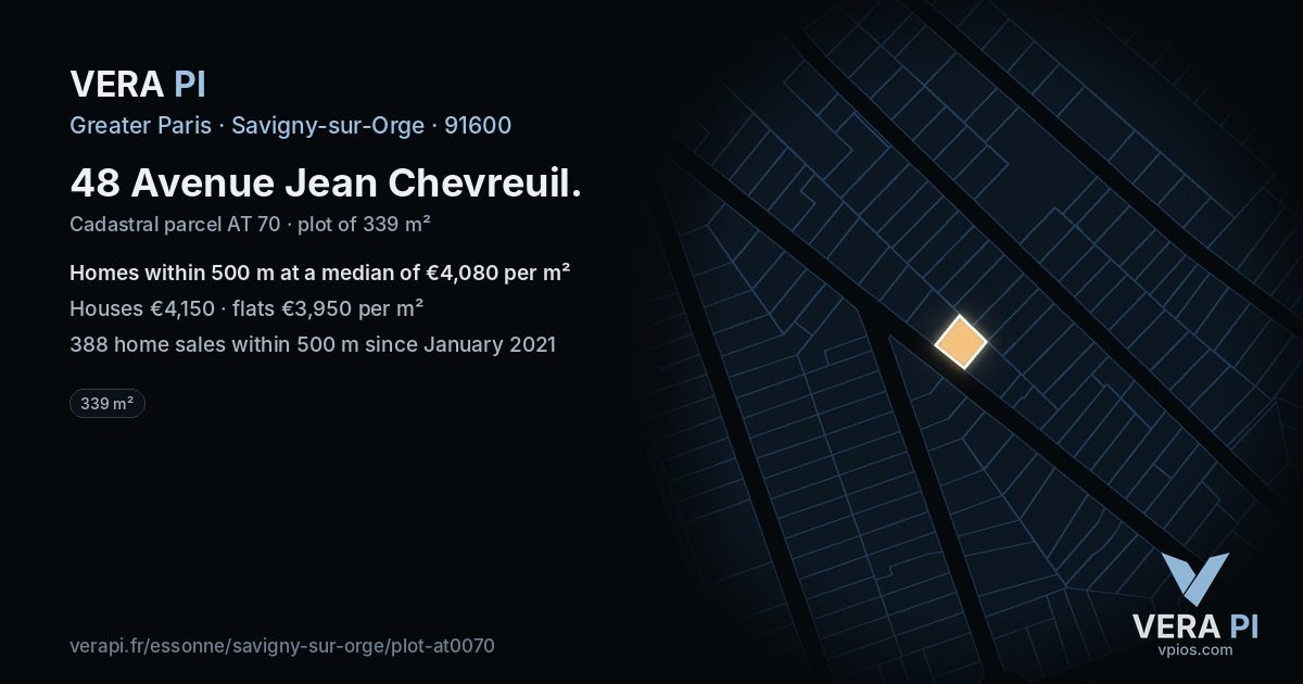 48 Avenue Jean Chevreuil, Savigny-sur-Orge at night – the plot lit, the parcels around coloured by the prices near them