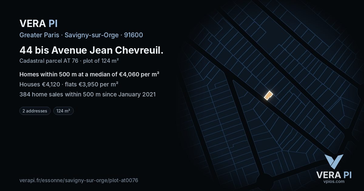 44 bis Avenue Jean Chevreuil, Savigny-sur-Orge at night – the plot lit, the parcels around coloured by the prices near them