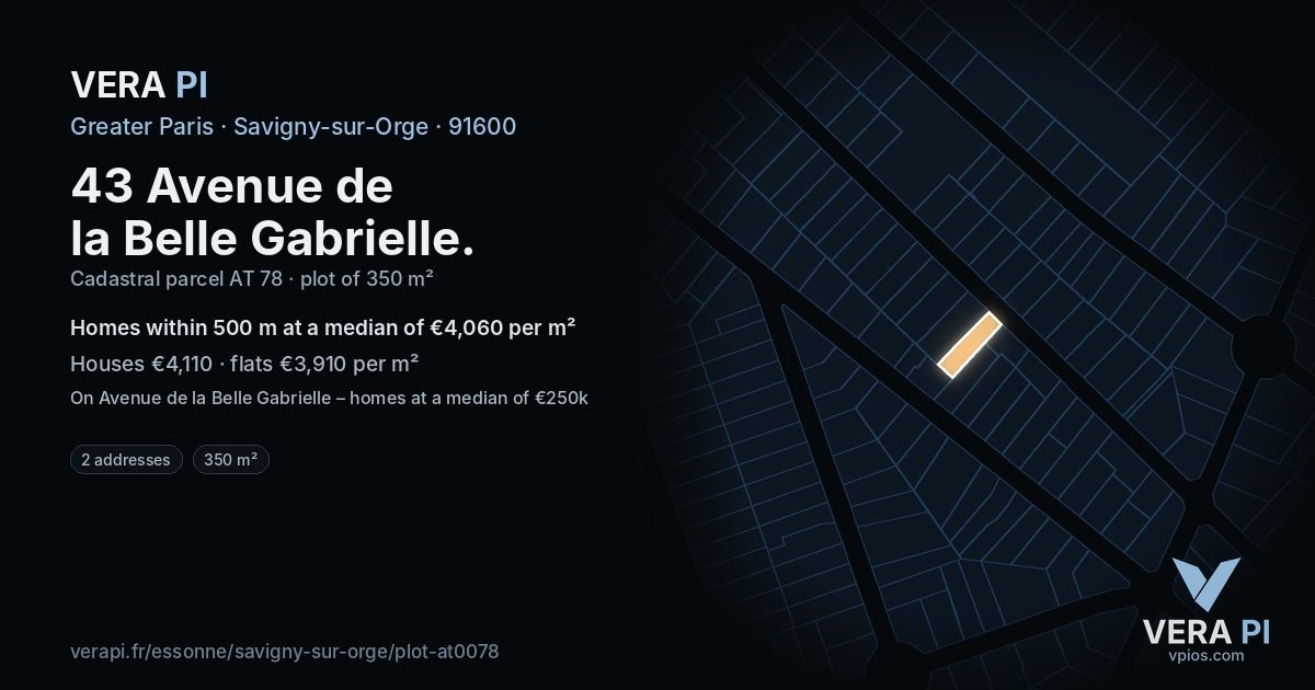 43 Avenue de la Belle Gabrielle, Savigny-sur-Orge at night – the plot lit, the parcels around coloured by the prices near them