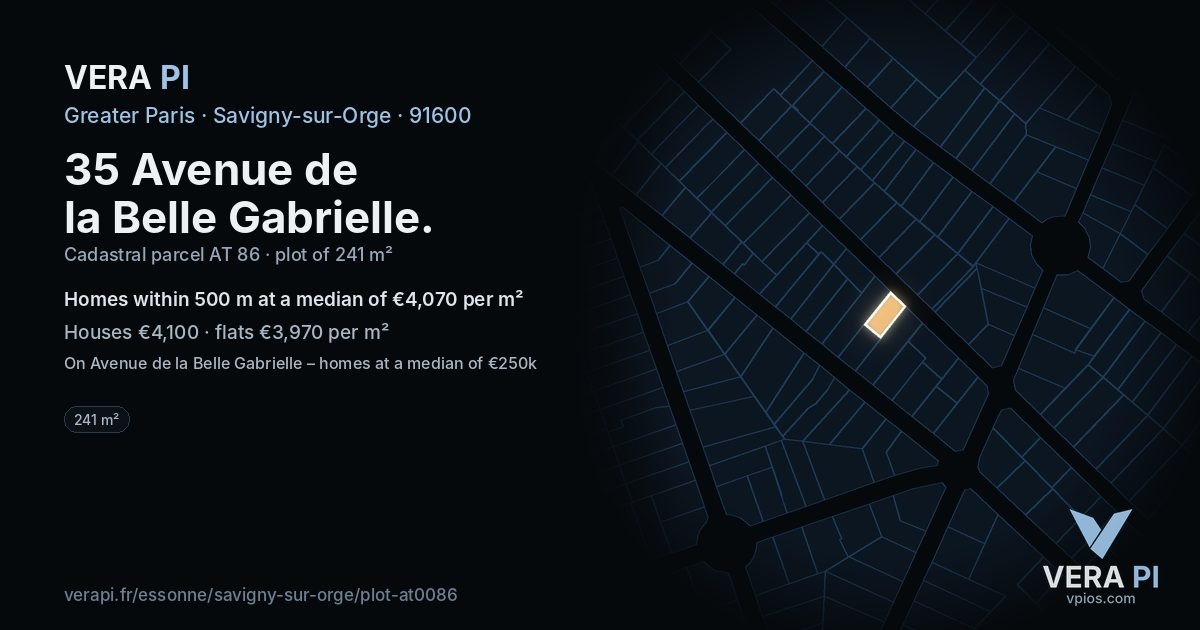 35 Avenue de la Belle Gabrielle, Savigny-sur-Orge at night – the plot lit, the parcels around coloured by the prices near them