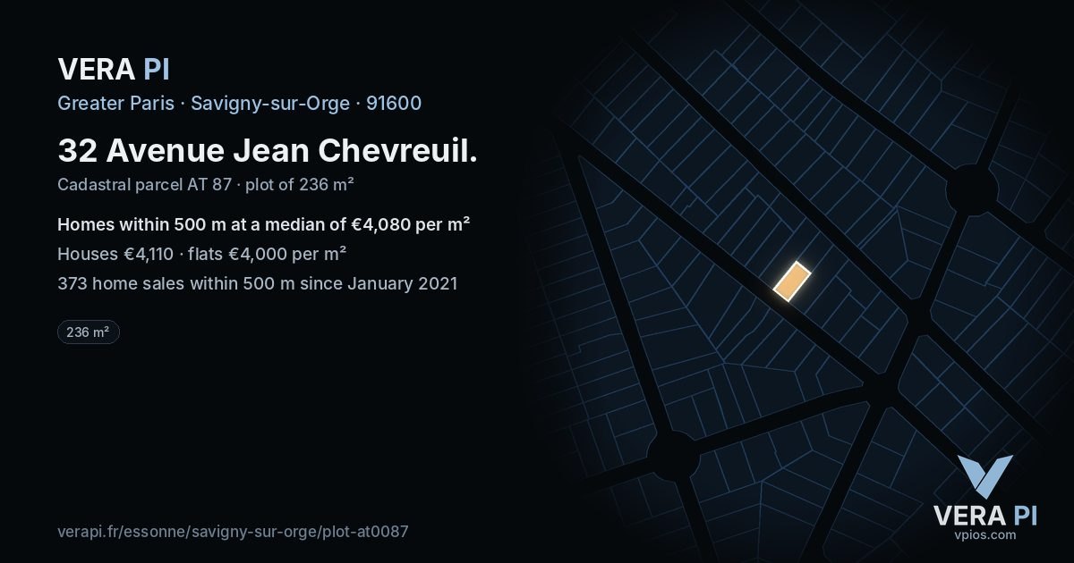 32 Avenue Jean Chevreuil, Savigny-sur-Orge at night – the plot lit, the parcels around coloured by the prices near them