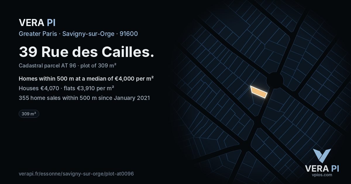 39 Rue des Cailles, Savigny-sur-Orge at night – the plot lit, the parcels around coloured by the prices near them