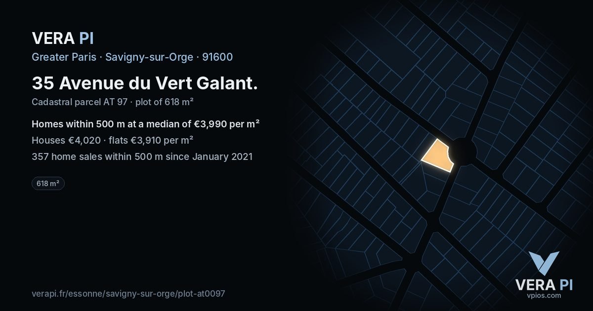 35 Avenue du Vert Galant, Savigny-sur-Orge at night – the plot lit, the parcels around coloured by the prices near them