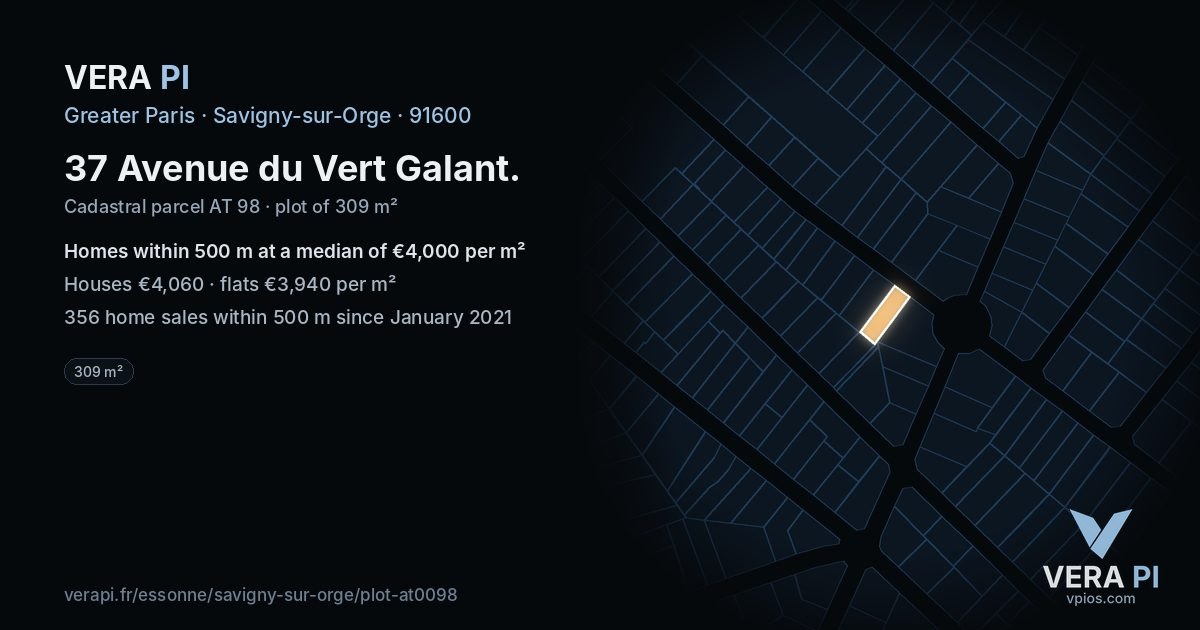 37 Avenue du Vert Galant, Savigny-sur-Orge at night – the plot lit, the parcels around coloured by the prices near them