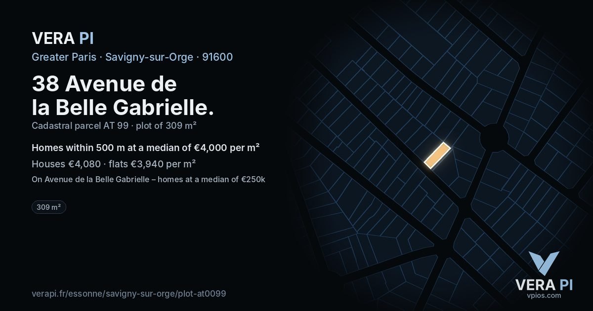 38 Avenue de la Belle Gabrielle, Savigny-sur-Orge at night – the plot lit, the parcels around coloured by the prices near them