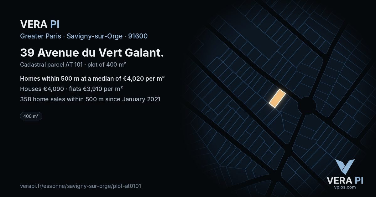 39 Avenue du Vert Galant, Savigny-sur-Orge at night – the plot lit, the parcels around coloured by the prices near them