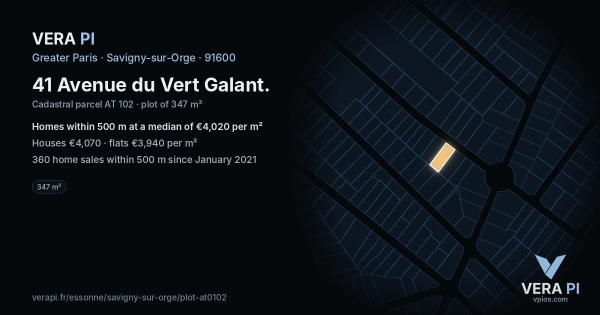 41 Avenue du Vert Galant, Savigny-sur-Orge at night – the plot lit, the parcels around coloured by the prices near them