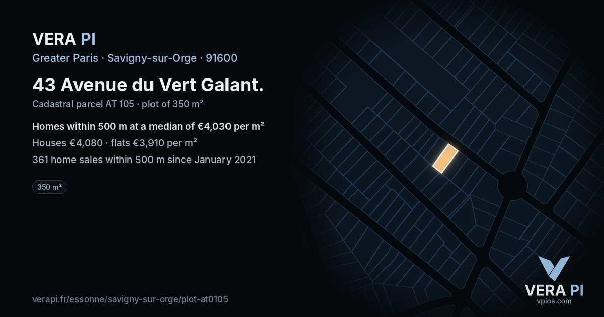 43 Avenue du Vert Galant, Savigny-sur-Orge at night – the plot lit, the parcels around coloured by the prices near them