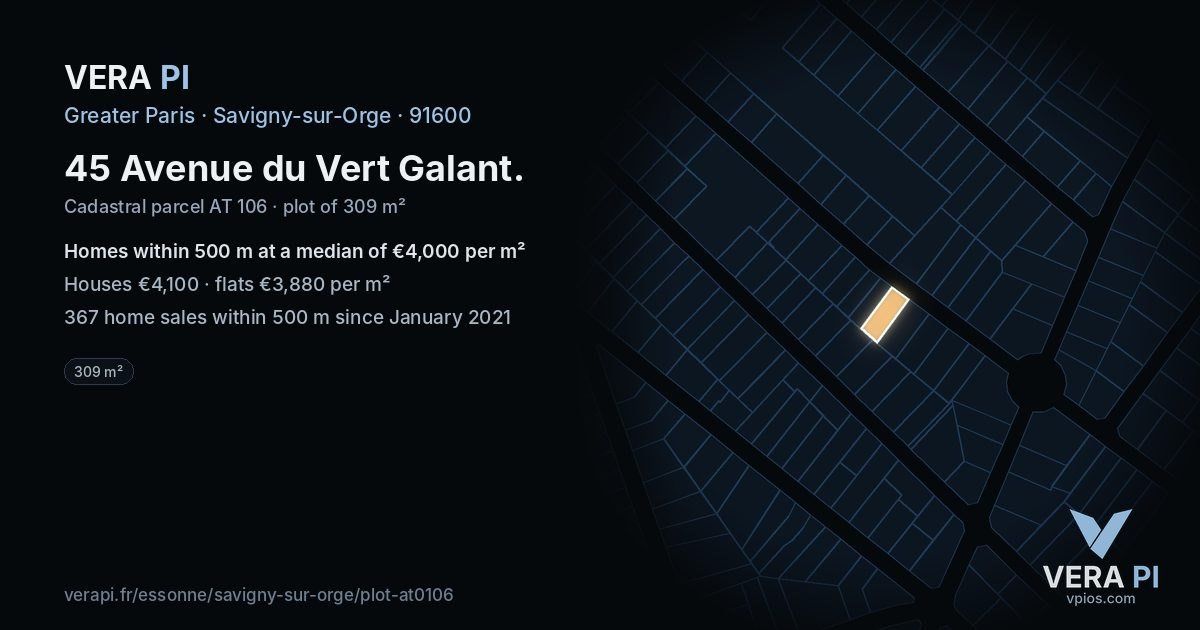 45 Avenue du Vert Galant, Savigny-sur-Orge at night – the plot lit, the parcels around coloured by the prices near them