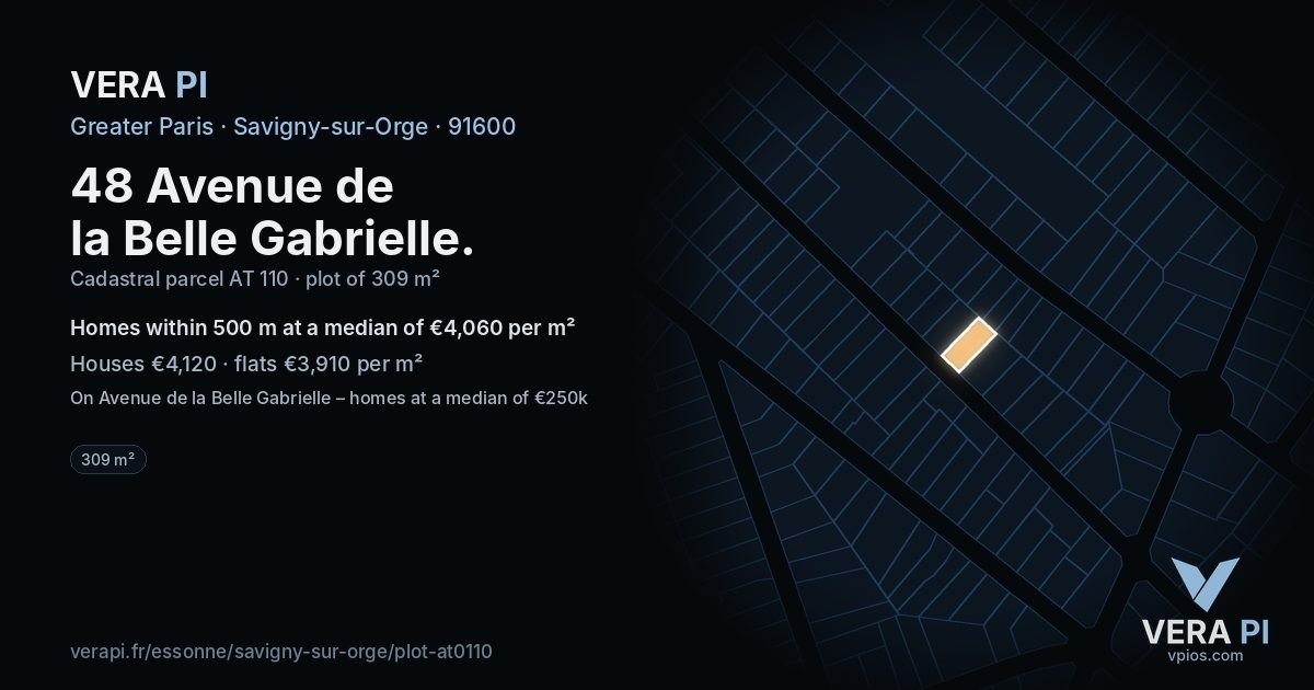 48 Avenue de la Belle Gabrielle, Savigny-sur-Orge at night – the plot lit, the parcels around coloured by the prices near them