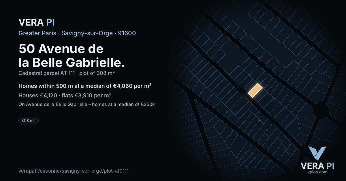 50 Avenue de la Belle Gabrielle, Savigny-sur-Orge at night – the plot lit, the parcels around coloured by the prices near them