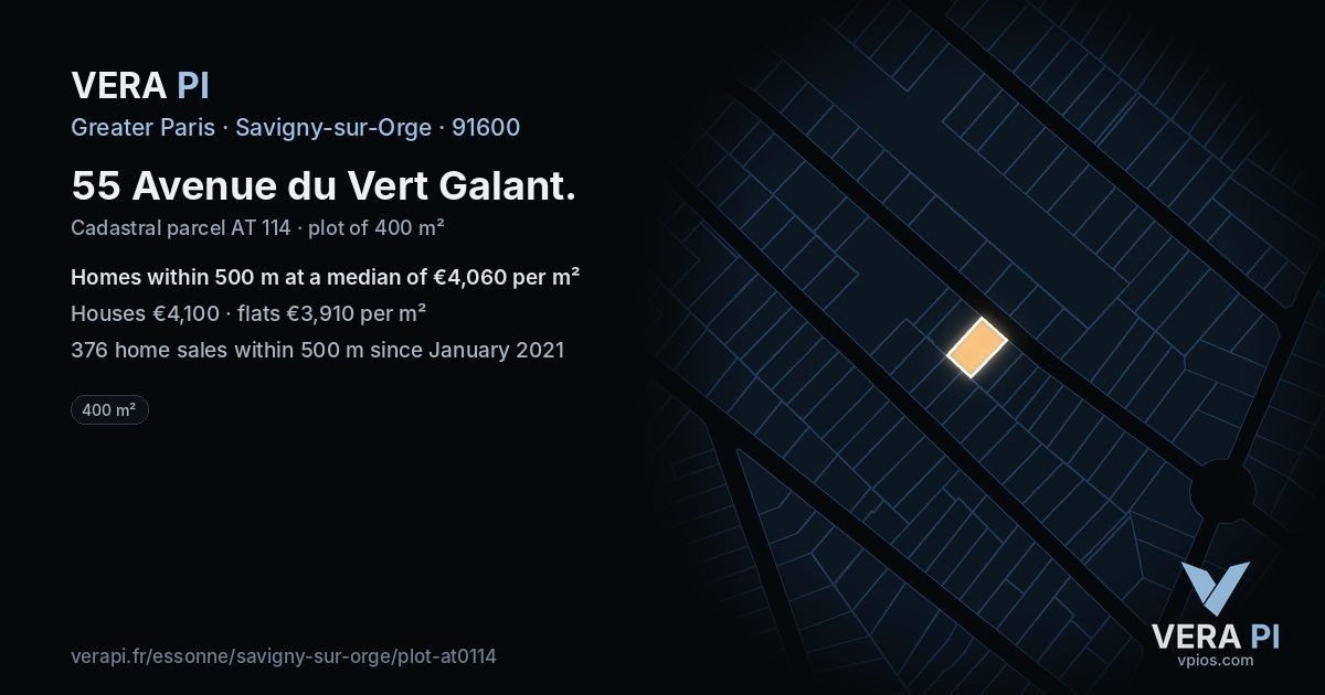 55 Avenue du Vert Galant, Savigny-sur-Orge at night – the plot lit, the parcels around coloured by the prices near them