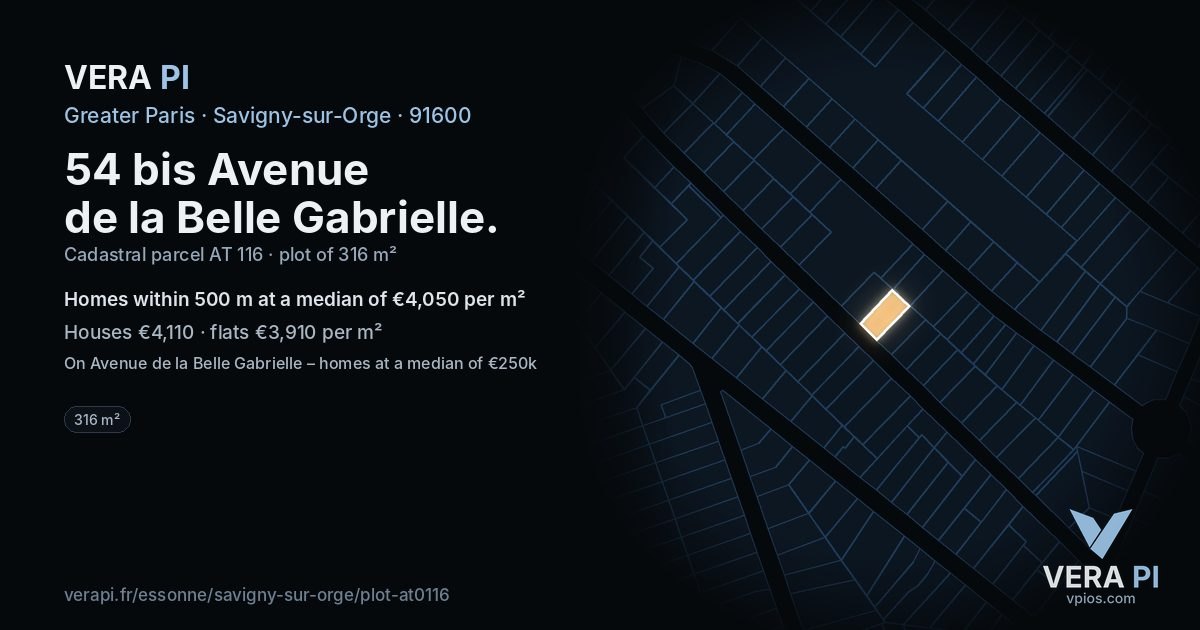 54 bis Avenue de la Belle Gabrielle, Savigny-sur-Orge at night – the plot lit, the parcels around coloured by the prices near them