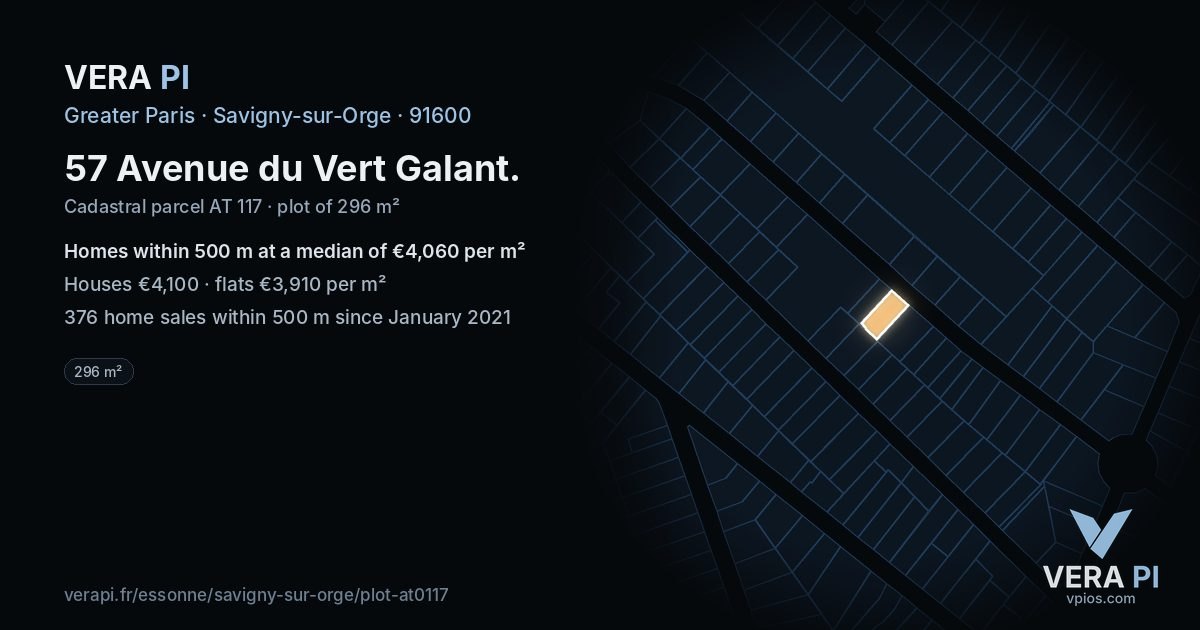 57 Avenue du Vert Galant, Savigny-sur-Orge at night – the plot lit, the parcels around coloured by the prices near them