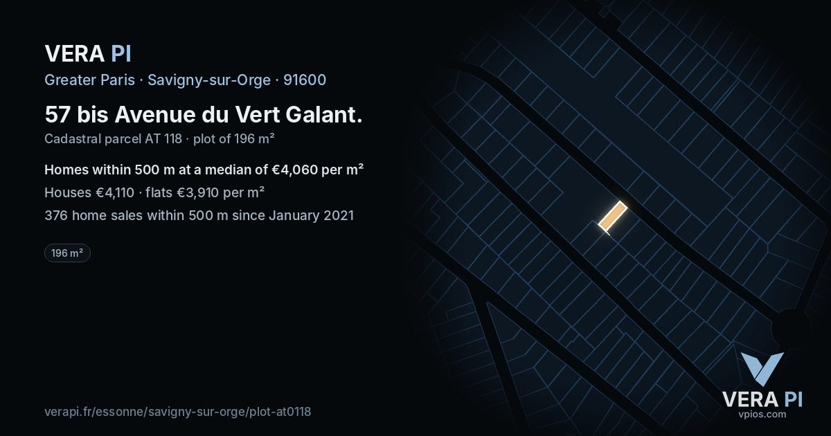 57 bis Avenue du Vert Galant, Savigny-sur-Orge at night – the plot lit, the parcels around coloured by the prices near them