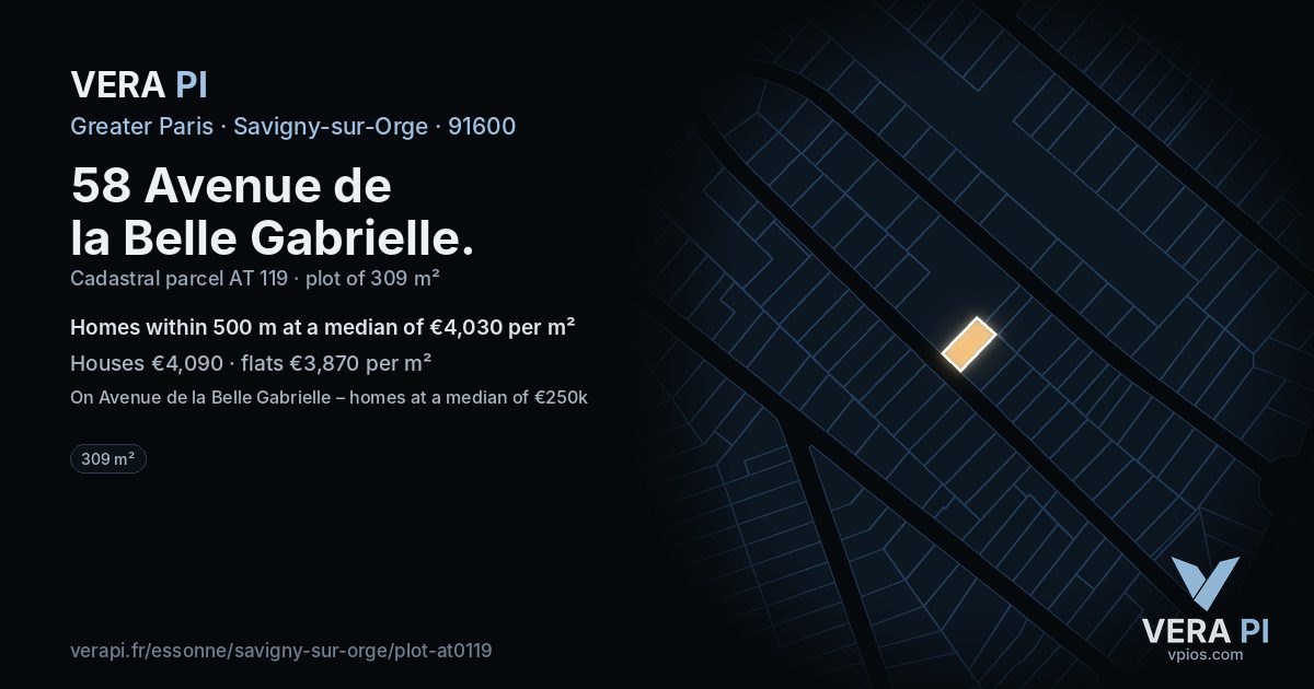 58 Avenue de la Belle Gabrielle, Savigny-sur-Orge at night – the plot lit, the parcels around coloured by the prices near them