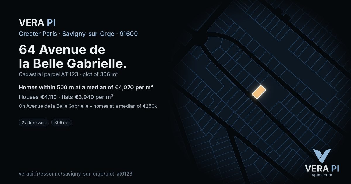64 Avenue de la Belle Gabrielle, Savigny-sur-Orge at night – the plot lit, the parcels around coloured by the prices near them