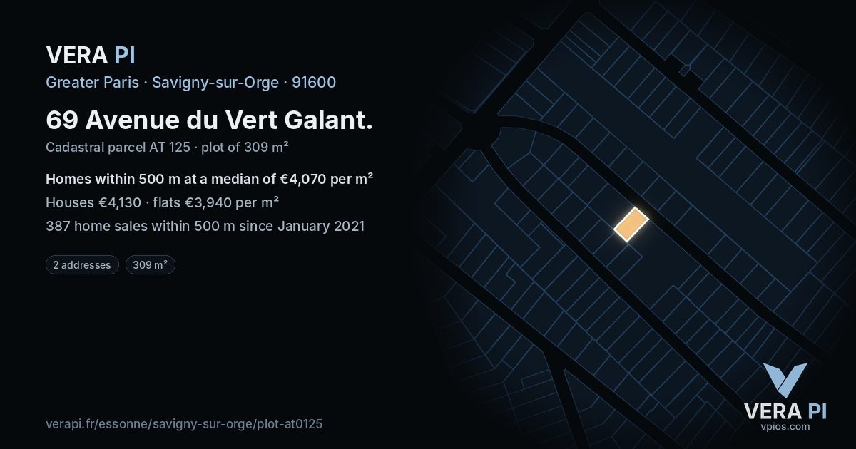 69 Avenue du Vert Galant, Savigny-sur-Orge at night – the plot lit, the parcels around coloured by the prices near them