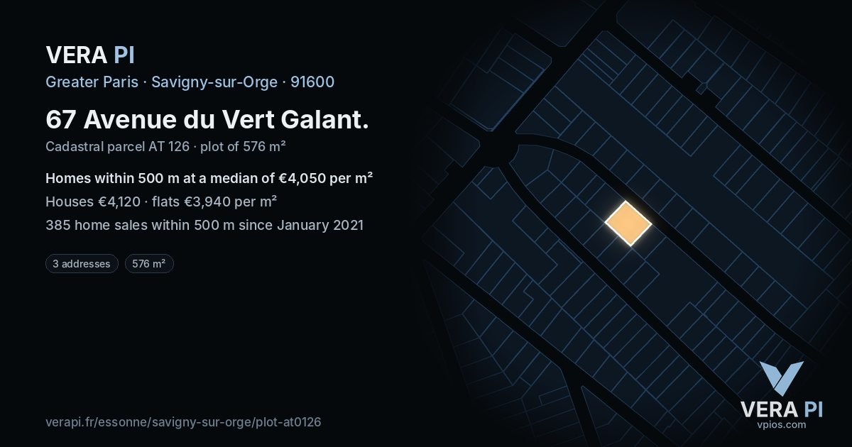 67 Avenue du Vert Galant, Savigny-sur-Orge at night – the plot lit, the parcels around coloured by the prices near them