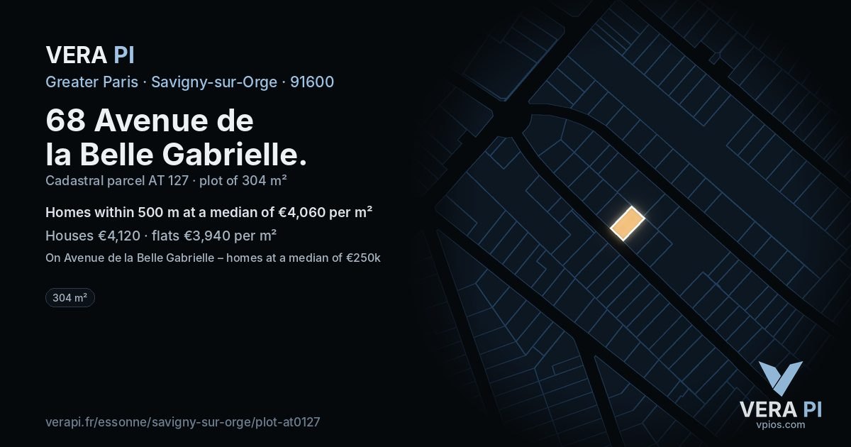 68 Avenue de la Belle Gabrielle, Savigny-sur-Orge at night – the plot lit, the parcels around coloured by the prices near them