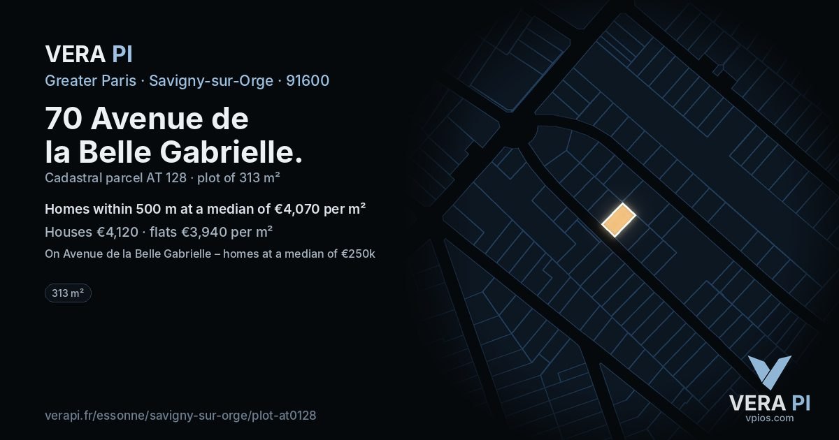 70 Avenue de la Belle Gabrielle, Savigny-sur-Orge at night – the plot lit, the parcels around coloured by the prices near them