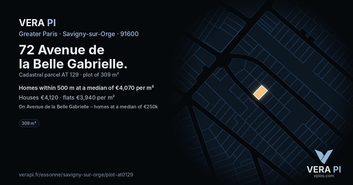 72 Avenue de la Belle Gabrielle, Savigny-sur-Orge at night – the plot lit, the parcels around coloured by the prices near them