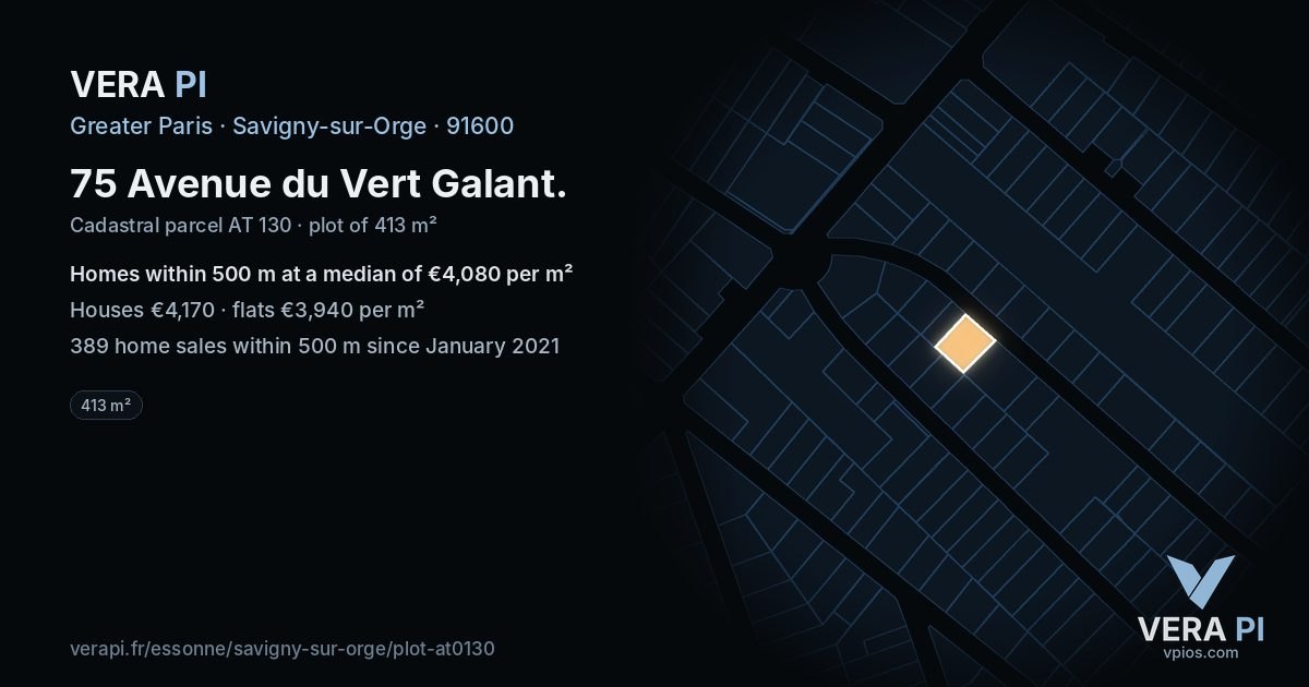75 Avenue du Vert Galant, Savigny-sur-Orge at night – the plot lit, the parcels around coloured by the prices near them