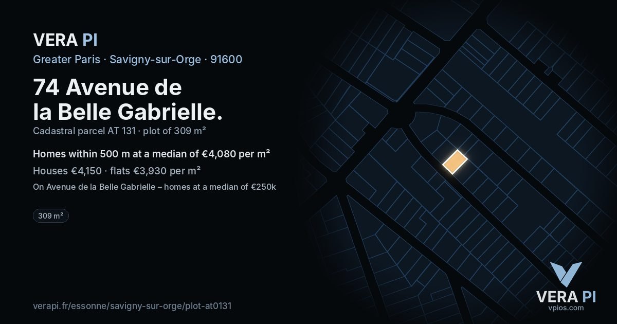 74 Avenue de la Belle Gabrielle, Savigny-sur-Orge at night – the plot lit, the parcels around coloured by the prices near them