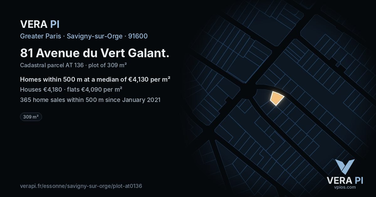 81 Avenue du Vert Galant, Savigny-sur-Orge at night – the plot lit, the parcels around coloured by the prices near them