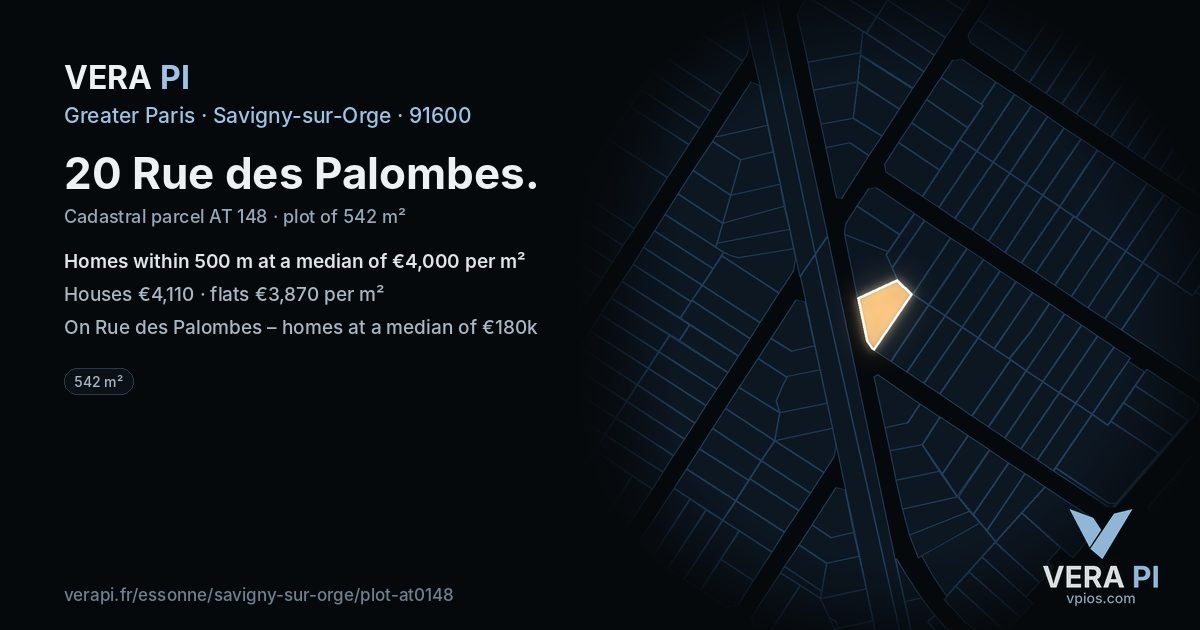 20 Rue des Palombes, Savigny-sur-Orge at night – the plot lit, the parcels around coloured by the prices near them