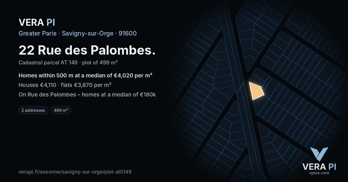 22 Rue des Palombes, Savigny-sur-Orge at night – the plot lit, the parcels around coloured by the prices near them