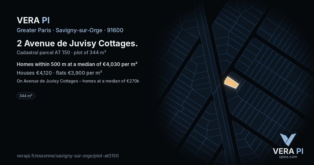2 Avenue de Juvisy Cottages, Savigny-sur-Orge at night – the plot lit, the parcels around coloured by the prices near them