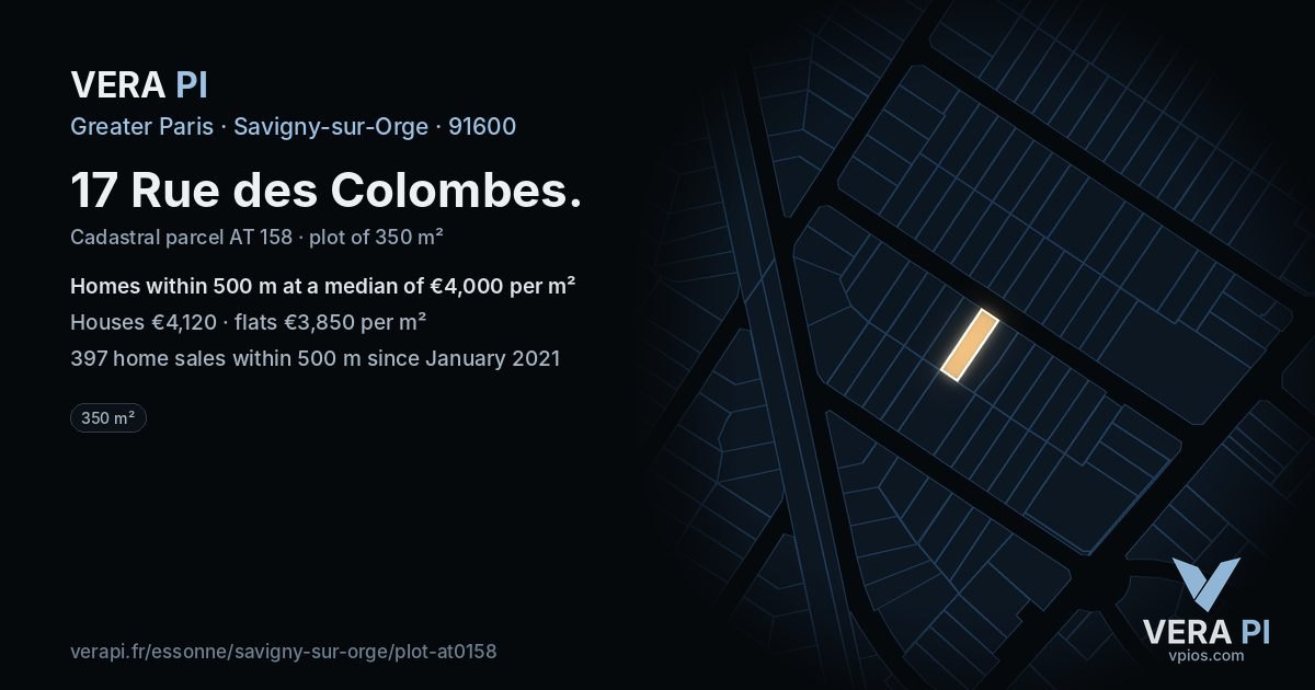 17 Rue des Colombes, Savigny-sur-Orge at night – the plot lit, the parcels around coloured by the prices near them