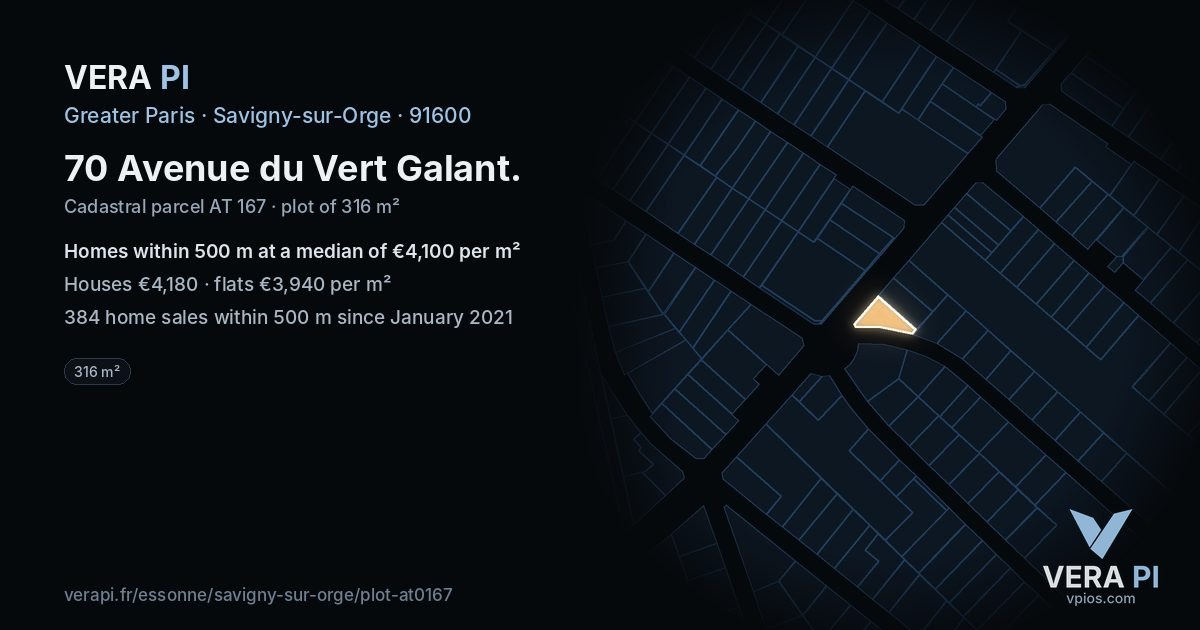 70 Avenue du Vert Galant, Savigny-sur-Orge at night – the plot lit, the parcels around coloured by the prices near them