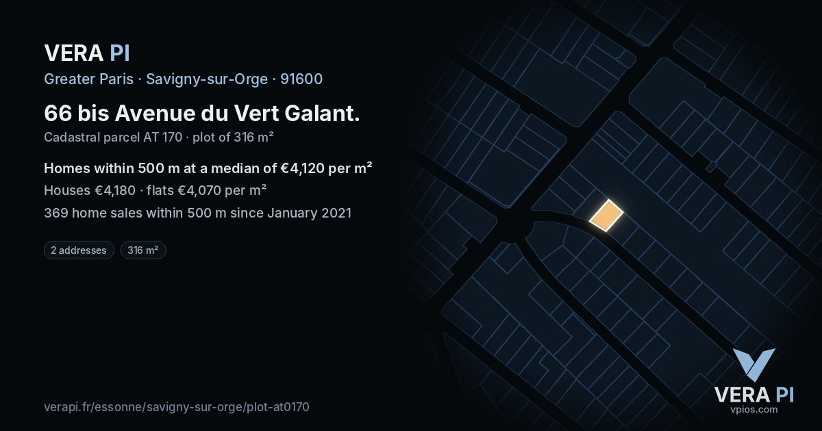 66 bis Avenue du Vert Galant, Savigny-sur-Orge at night – the plot lit, the parcels around coloured by the prices near them