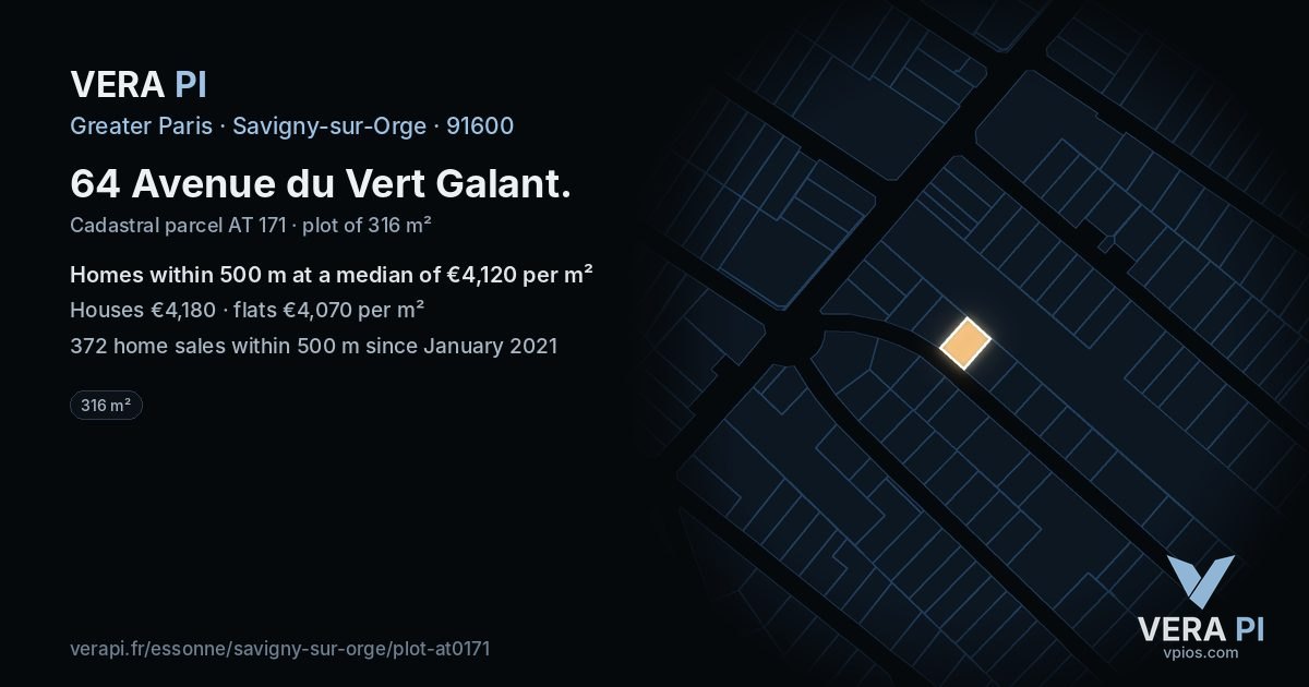 64 Avenue du Vert Galant, Savigny-sur-Orge at night – the plot lit, the parcels around coloured by the prices near them