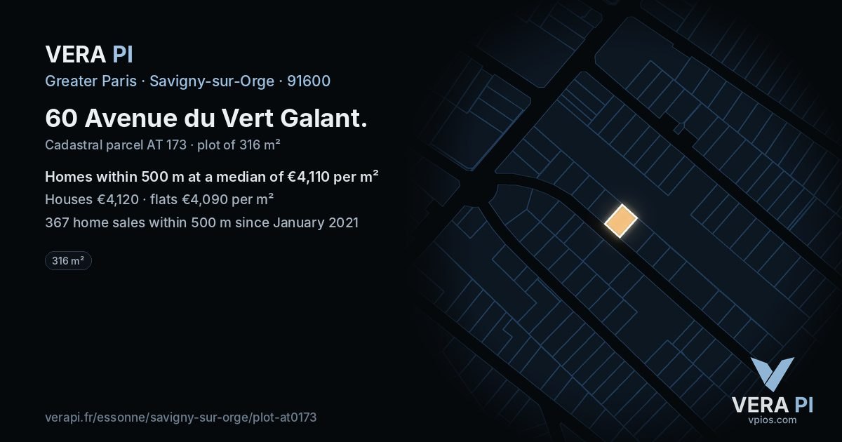 60 Avenue du Vert Galant, Savigny-sur-Orge at night – the plot lit, the parcels around coloured by the prices near them