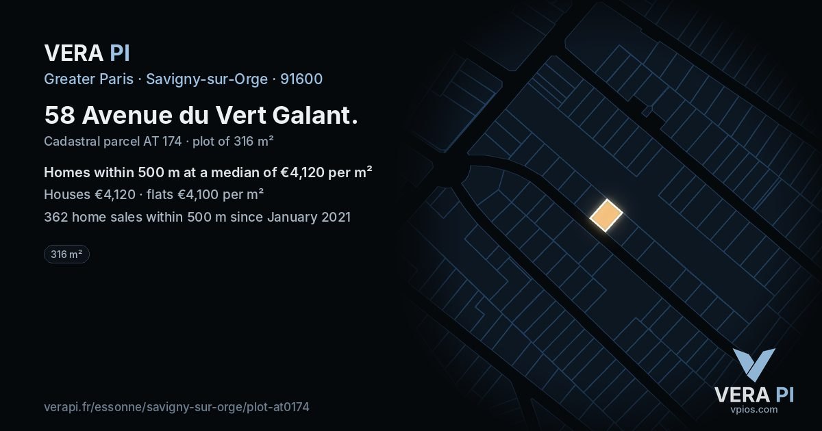 58 Avenue du Vert Galant, Savigny-sur-Orge at night – the plot lit, the parcels around coloured by the prices near them
